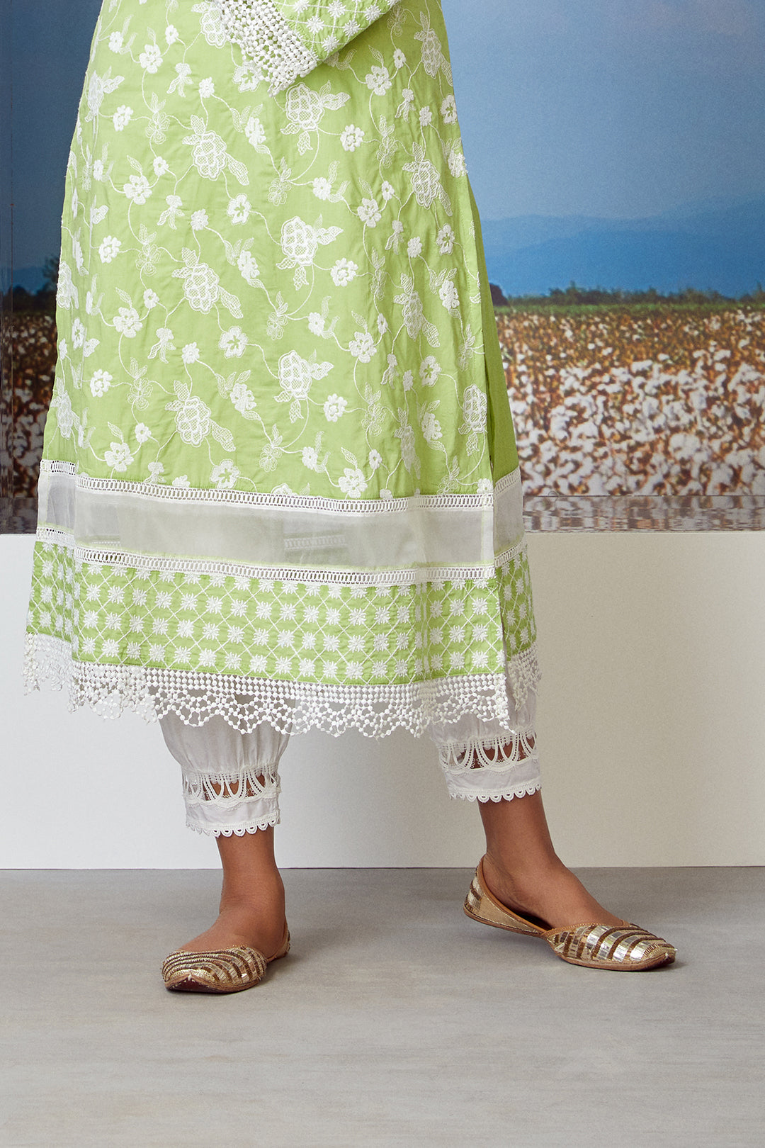 Mulmul Cotton Sonet Lime Green Kurta With New Harem White Pyajama