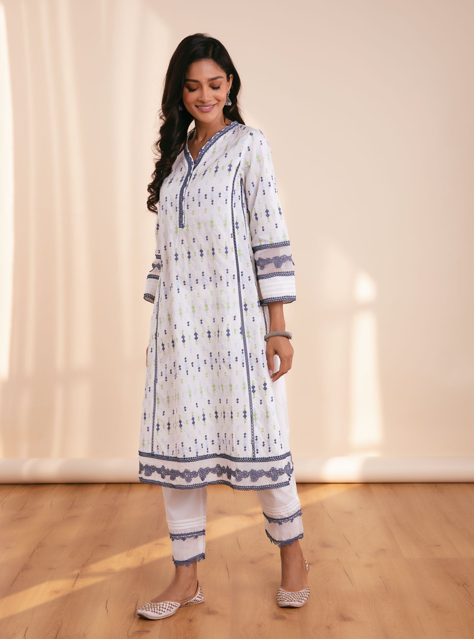 Mulmul Cotton Valencia White Kurta With Layla White Pant