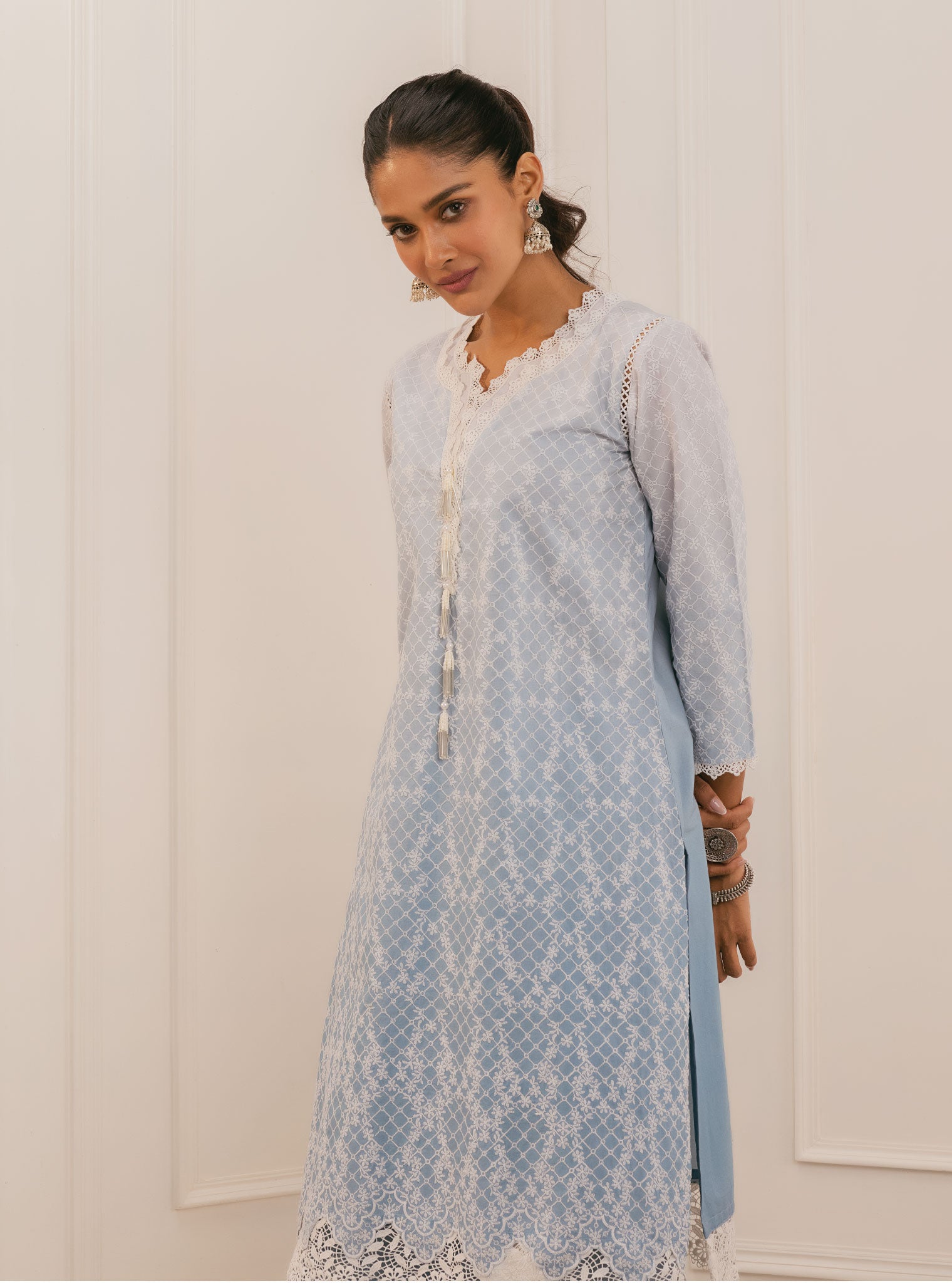 Mulmul Cotton Venna Blue Kurta With Venna Blue Pant