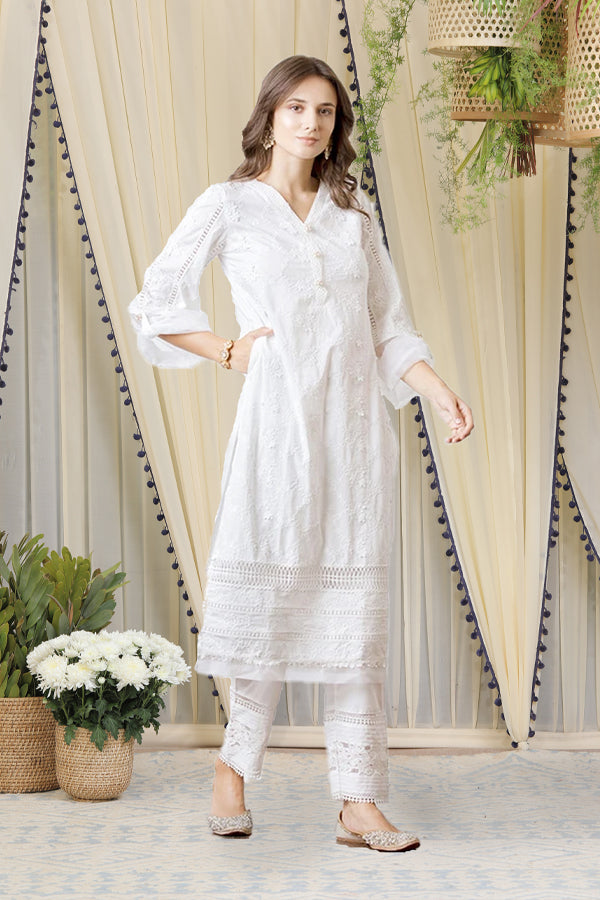 Mulmul Viola White Kurta With New Pintuck Pyajama