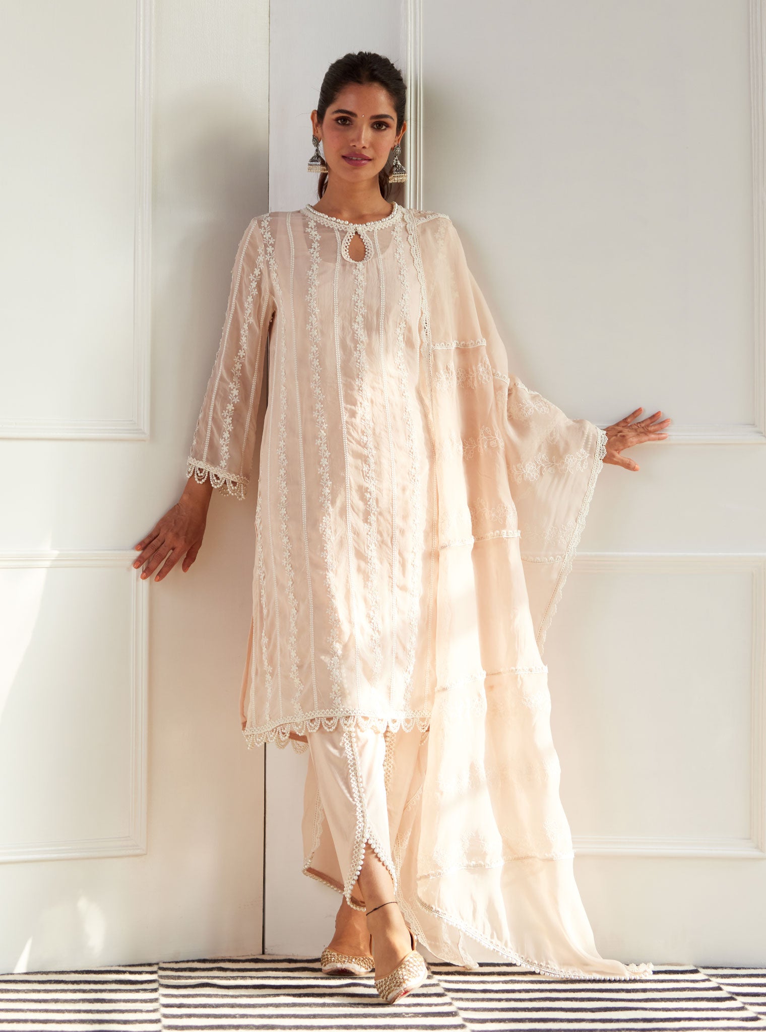 Mulmul Organza Zella Beige Kurta With Cotton Zella Beige Pant