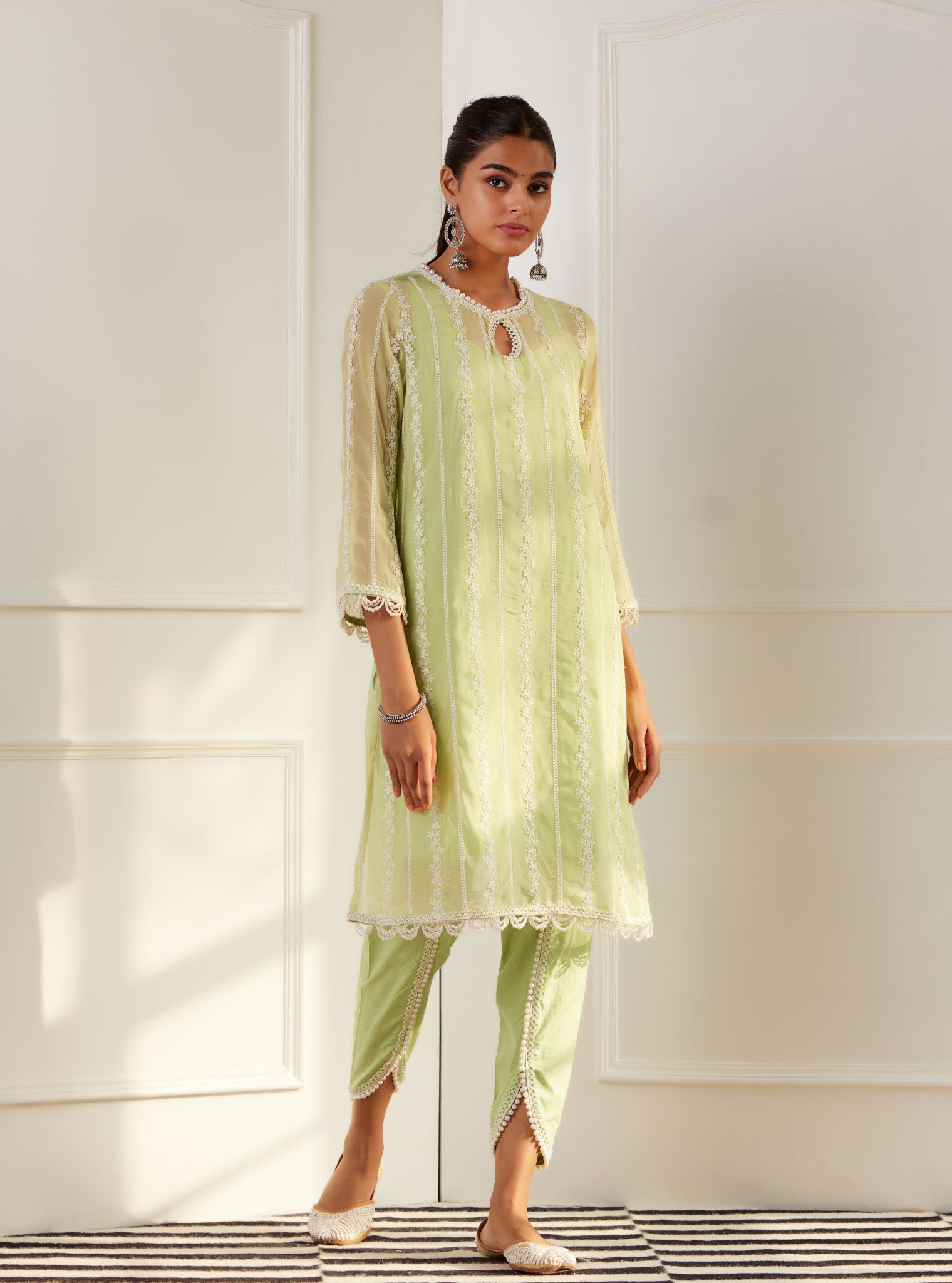 Mulmul Organza Zella Green Kurta With Cotton Zella Green Pant