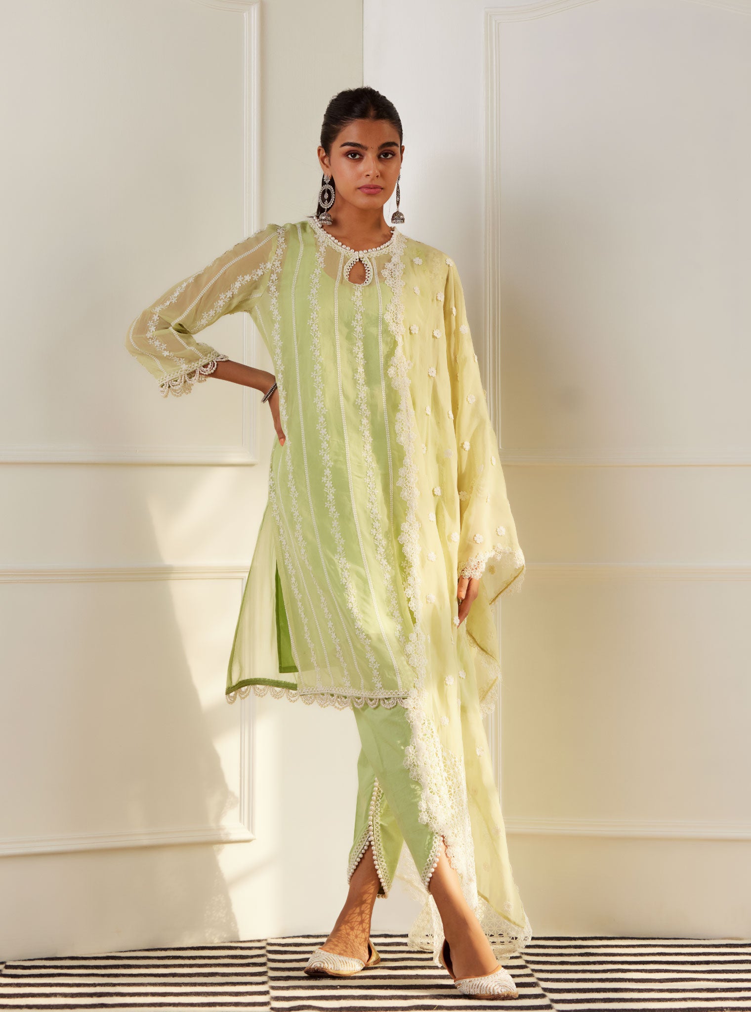 Mulmul Organza Zella Green Kurta With Cotton Zella Green Pant