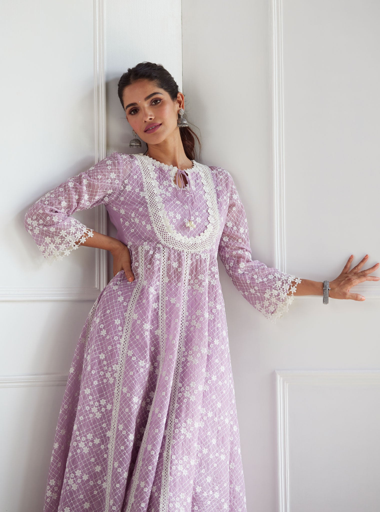 Mulmul Organza Zola Lilac Anarkali Kurta With Mulmul Cotton Zola Lilac Pant