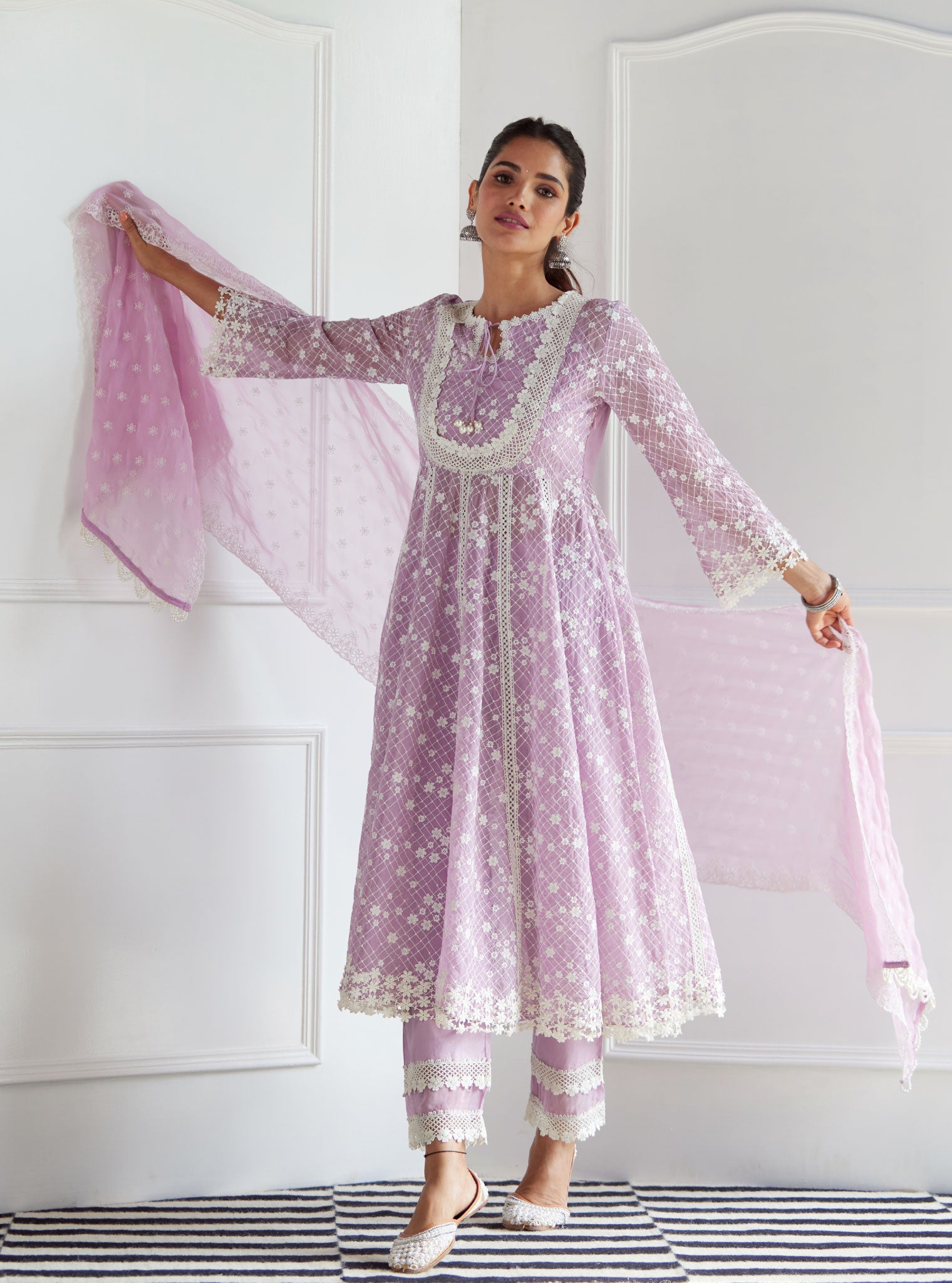 Mulmul Organza Zola Lilac Anarkali Kurta With Mulmul Cotton Zola Lilac Pant